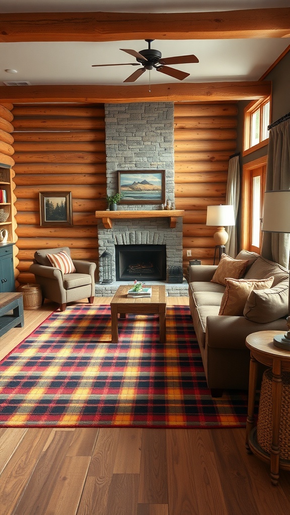 A cozy living room featuring a plaid rug, wooden logs, and a stone fireplace.