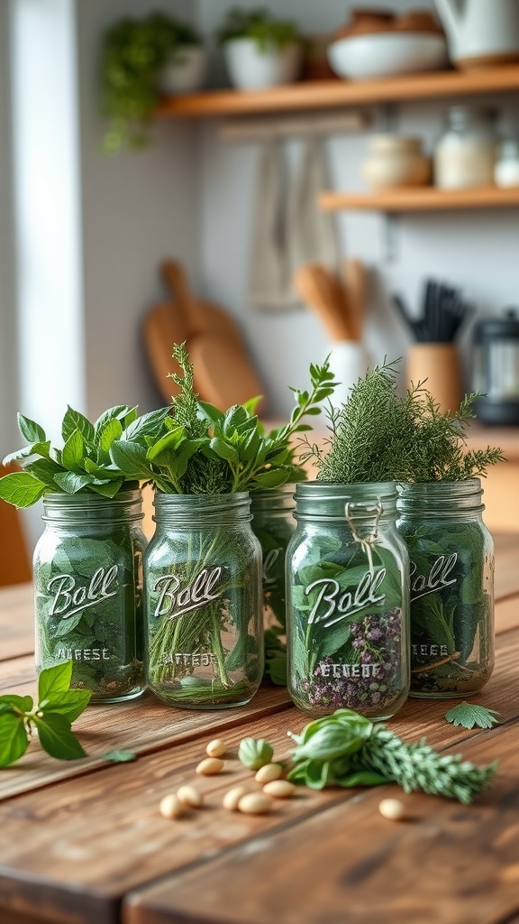 Mason jars filled with fresh herbs on a wooden table