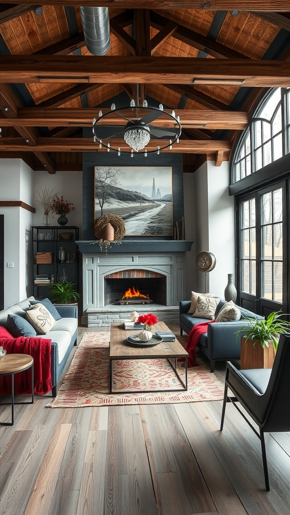 A rustic modern living room featuring wooden beams, cozy sofas, a fireplace, and stylish decor.