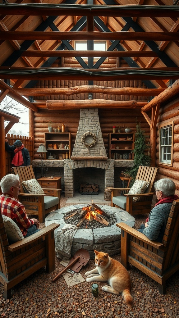 A rustic living room with wood accents, featuring a stone fireplace and cozy seating around a fire pit, with a dog lying on the floor.