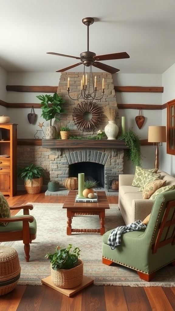 A rustic living room featuring sage green decor, a stone fireplace, wooden accents, and cozy furnishings.