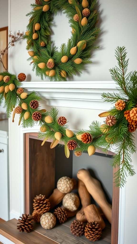 A rustic mantel decorated with a seed pod and pinecone garland and matching wreath, showcasing natural elements.