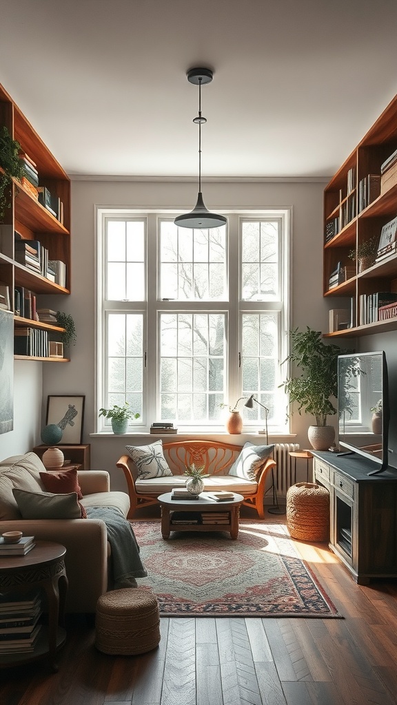 A cozy sunken living room with rustic wooden shelves, a round coffee table, and plants.