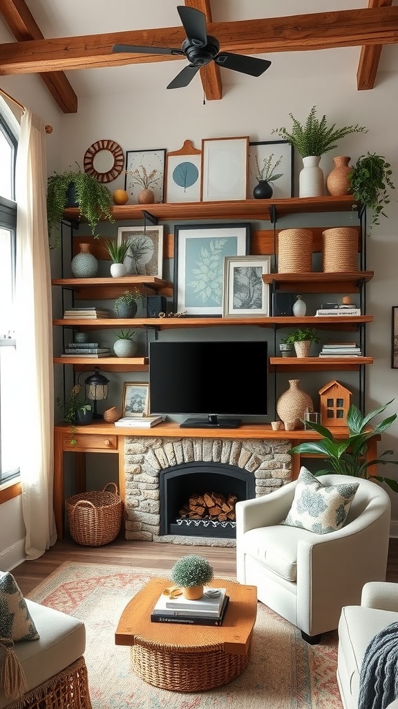 A modern rustic living room with wooden shelving displaying plants and art above a stone fireplace.