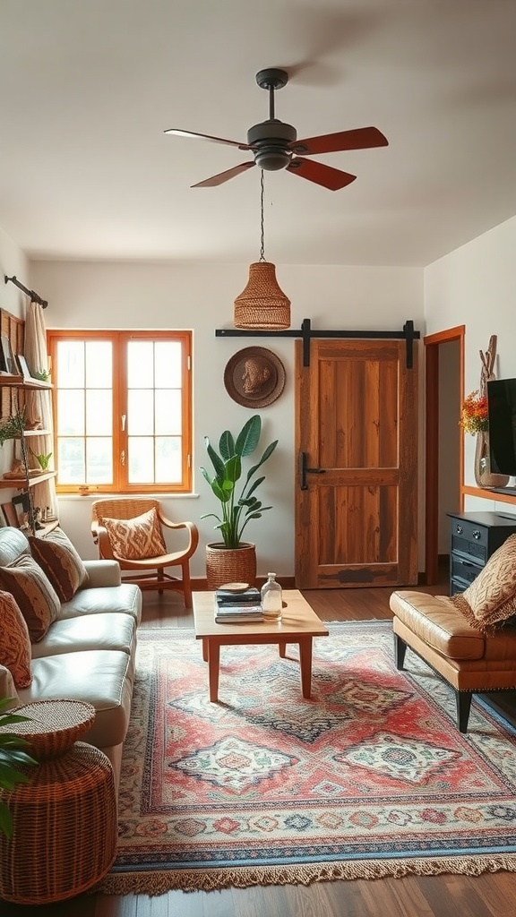 A cozy living room with rustic sliding doors, a comfortable couch, and plants.