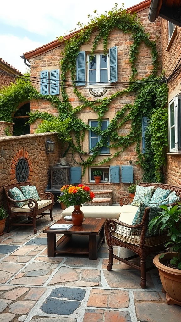 A rustic stone patio with wicker furniture, colorful cushions, and climbing plants.