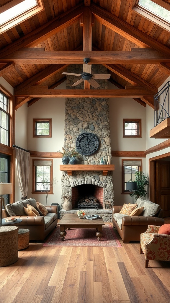 A rustic sunken living room with wooden beams, a stone fireplace, and comfortable seating