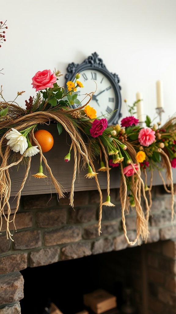 A rustic twine flower garland with colorful flowers and an orange fruit on a mantle.