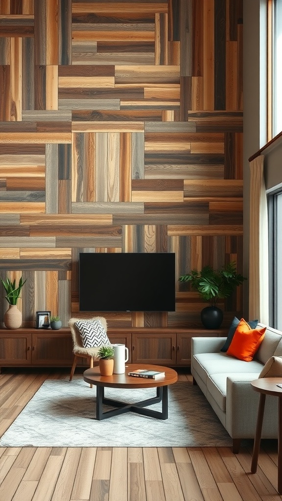 A modern living room featuring rustic wall paneling with varying wood tones, a light sofa, a round coffee table, and decorative plants.