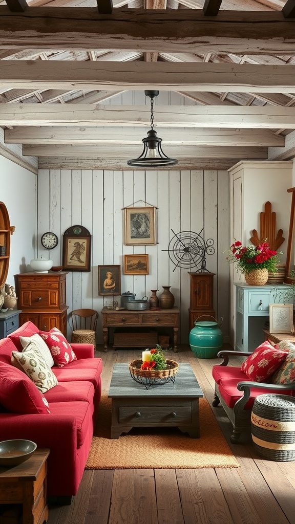 A rustic living room featuring red sofas, wooden furniture, and white walls with exposed beams.