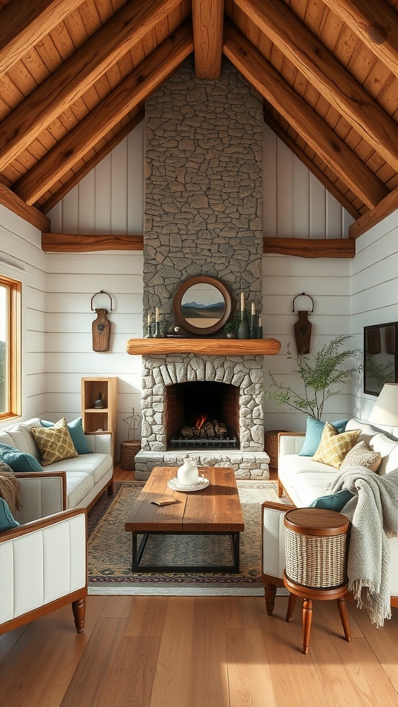 A cozy rustic living room featuring a stone fireplace, wooden beams, and white sofas with colorful cushions.