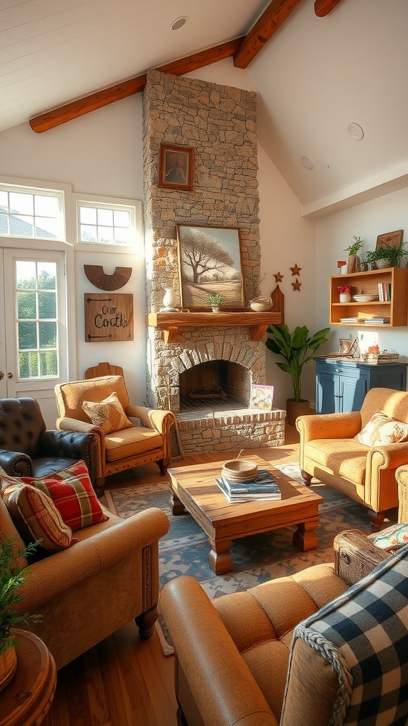 A cozy living room with rustic wood accents and a stone fireplace