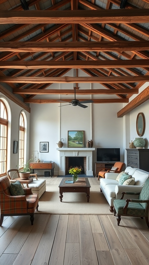 A bright, farmhouse style living room featuring rustic wood beams on the ceiling, a cozy sofa, and a wooden coffee table.