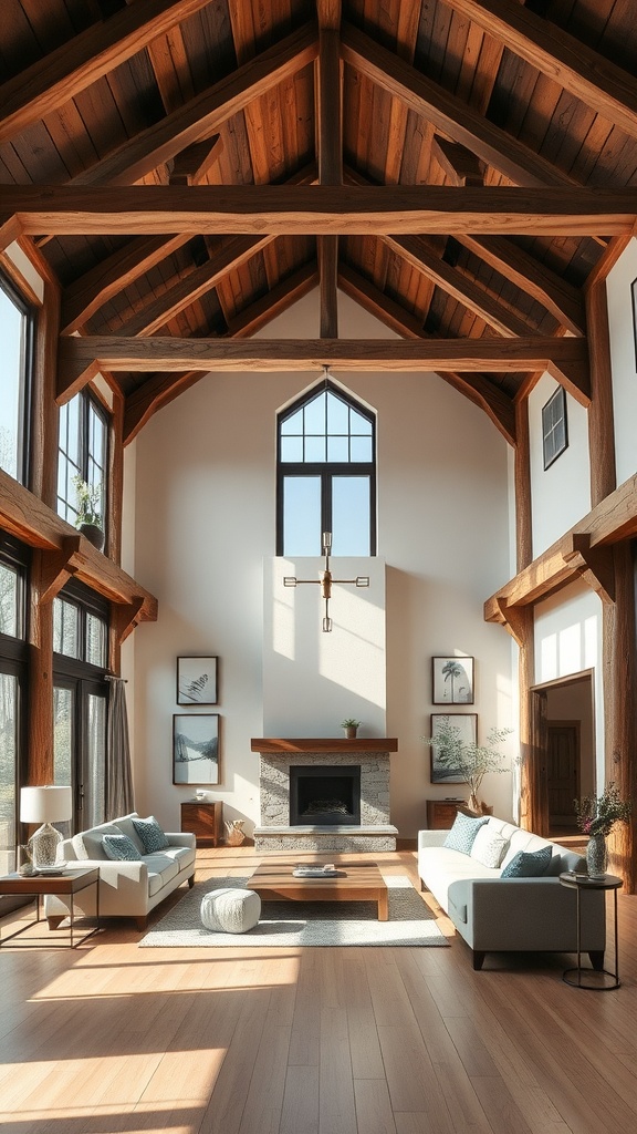 A spacious living room with rustic wood beams, high ceilings, and large windows allowing natural light.