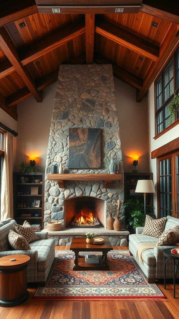 A cozy living room featuring rustic wood beams, a stone fireplace, and comfortable seating arrangements.