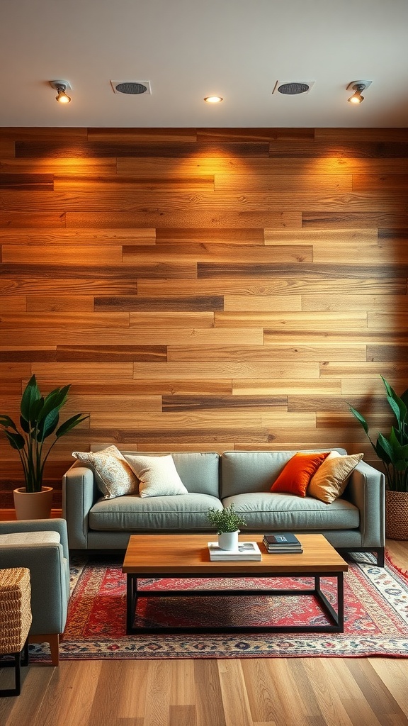 Living room featuring rustic wood paneling on the accent wall, a gray sofa with colorful pillows, a wooden coffee table, and plants.