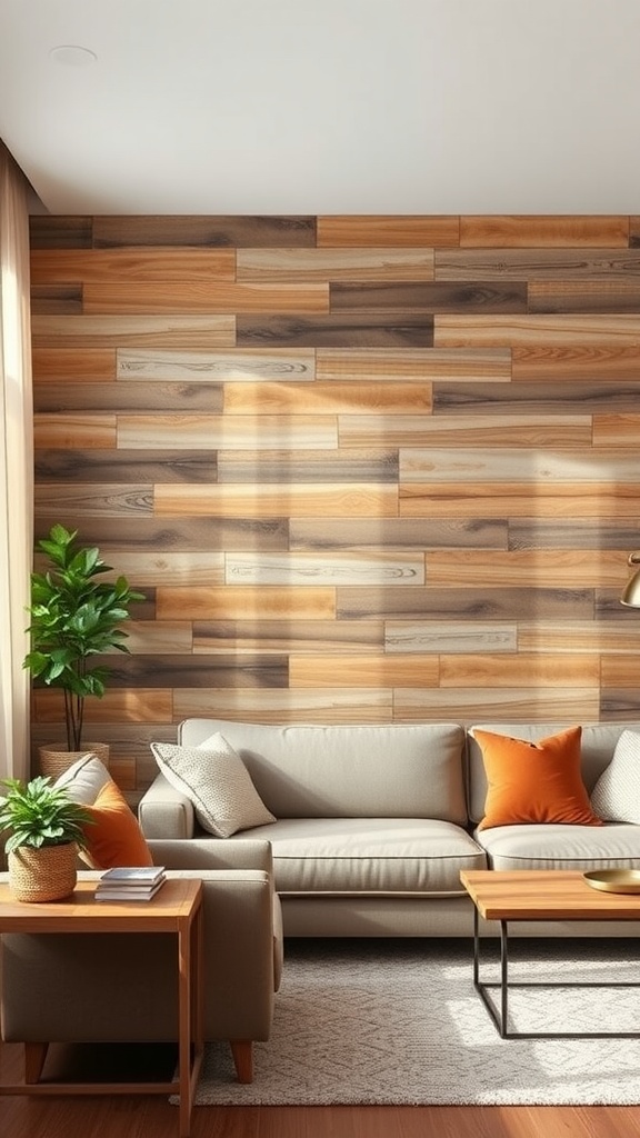 A cozy living room featuring a rustic wood plank accent wall, a light-colored sofa, and wooden furniture.