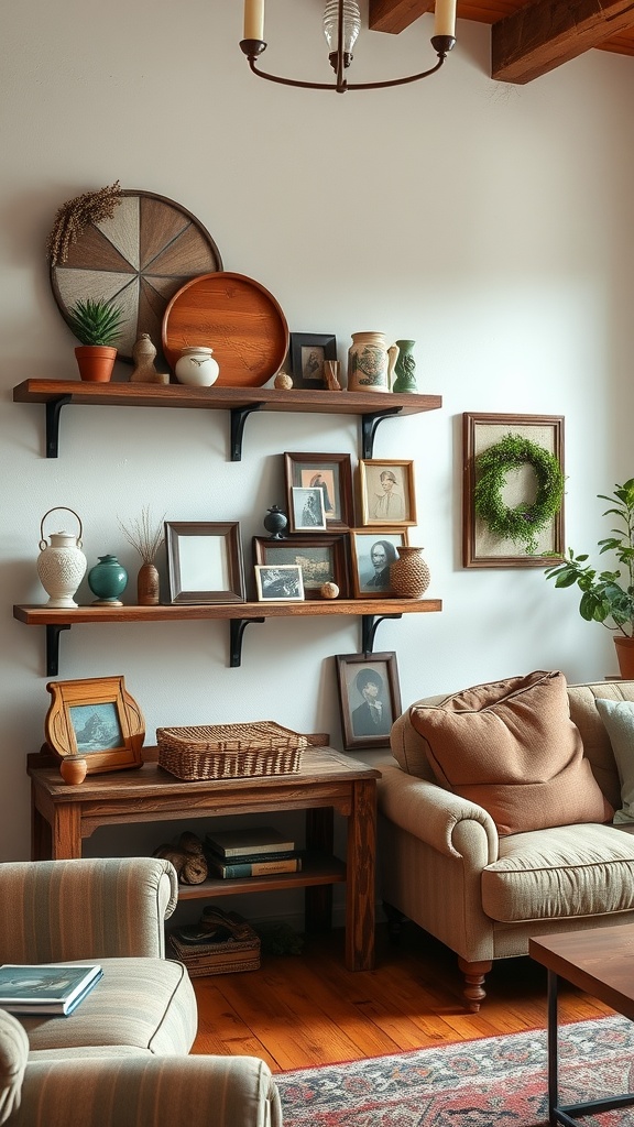 A cozy living room with rustic wood shelves, decorated with plants, pottery, and framed photos.