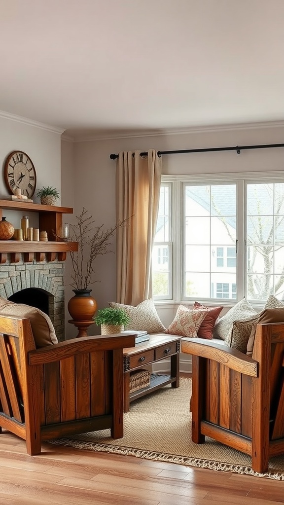 Cozy living room featuring rustic wooden accent furniture with a fireplace and large windows.