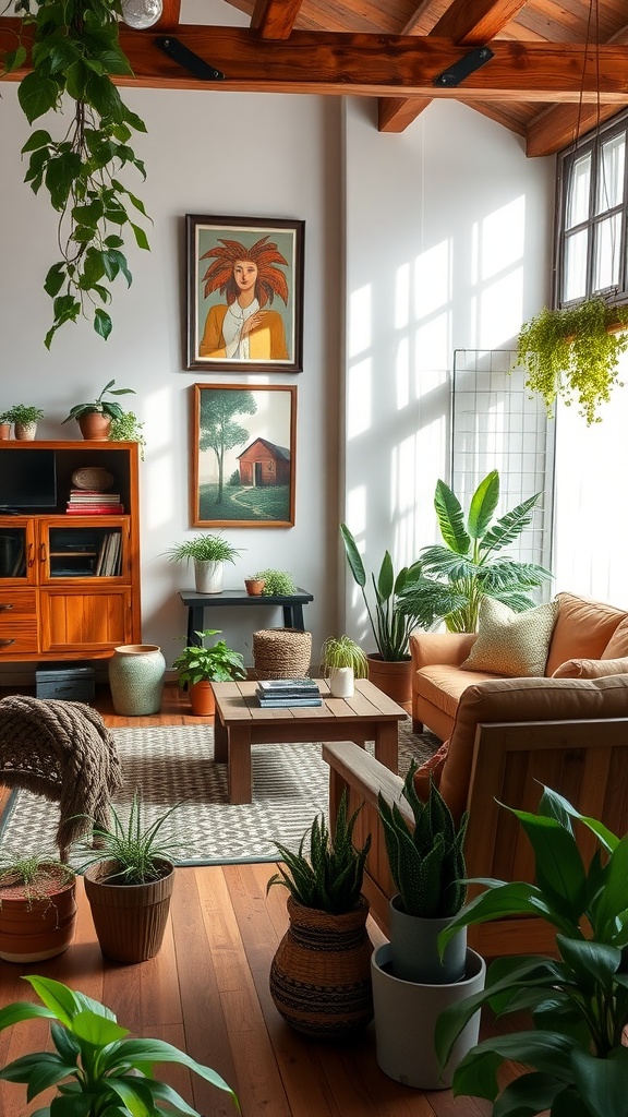 A rustic living room featuring wooden accents, plants, and cozy seating.