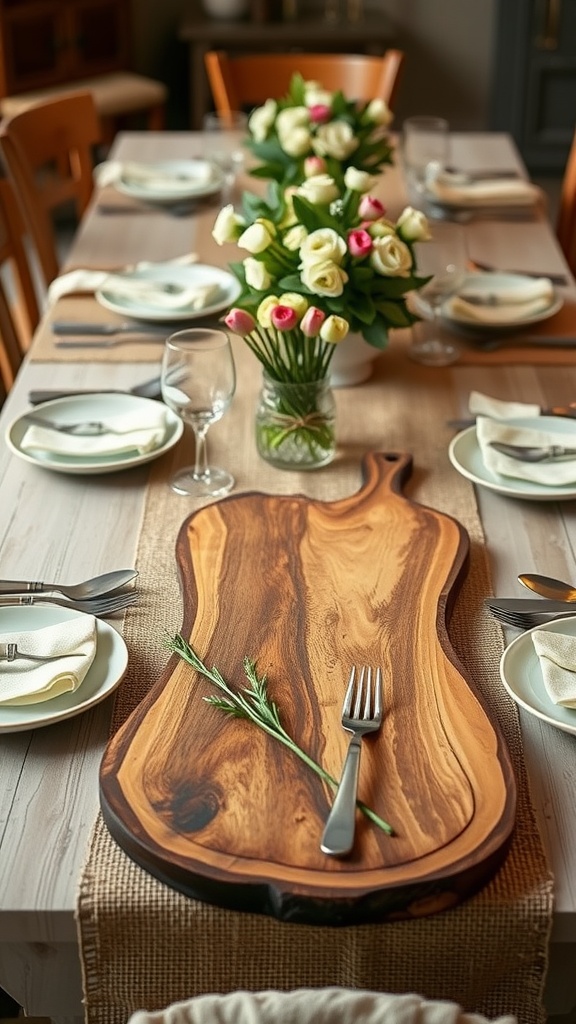 A rustic dinner table with a wooden serving board, fresh flowers, and simple tableware.