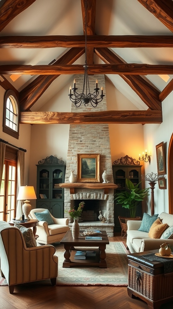 A cozy living room featuring rustic wooden beams, a stone fireplace, and comfortable seating.