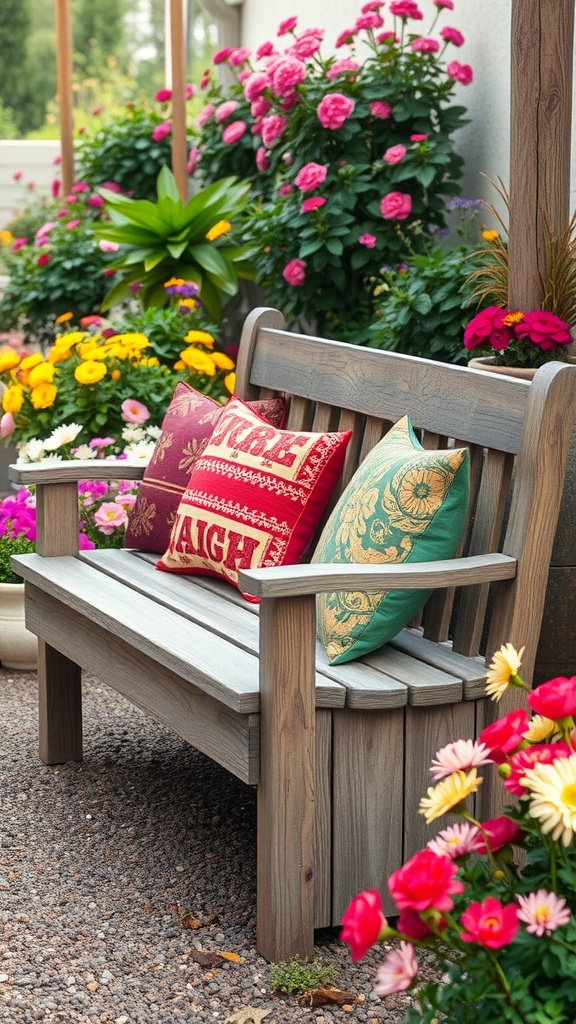 A rustic wooden bench with colorful cushions surrounded by vibrant flowers in a garden.