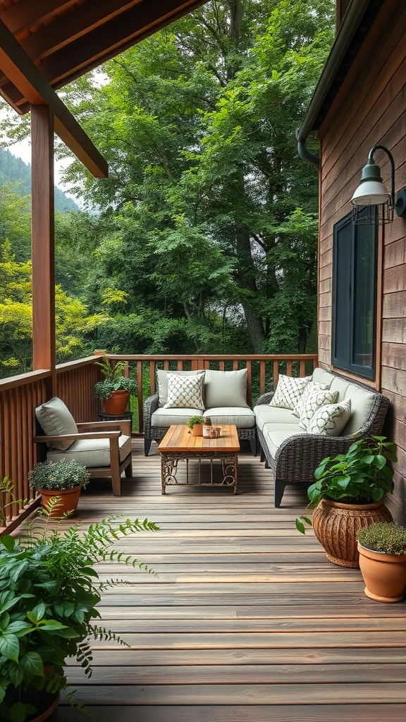 A cozy rustic wooden deck with comfortable seating, a coffee table, and potted plants surrounded by trees