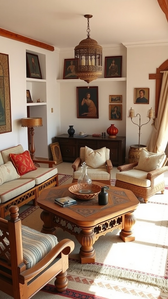 A cozy Moroccan living room with rustic wooden furniture, featuring a coffee table, armchairs, and decorative elements.