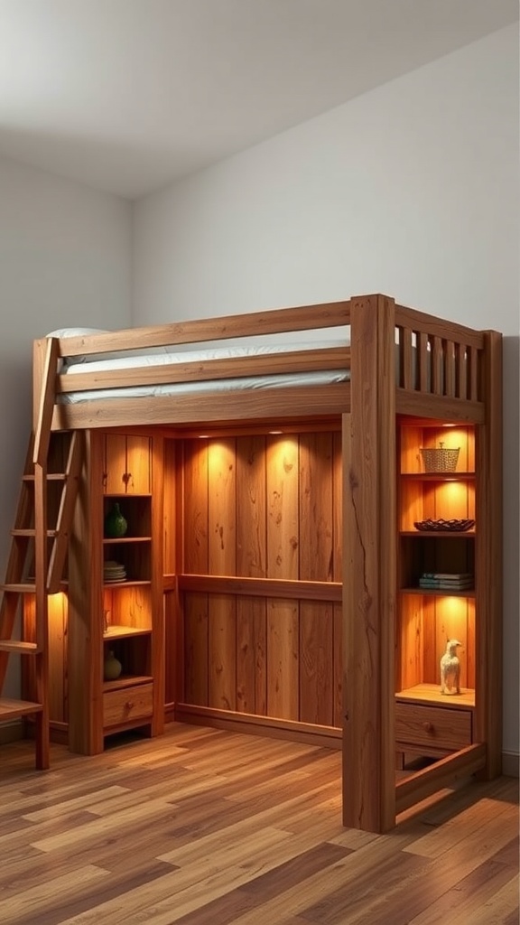 Rustic wooden loft bed with storage and warm ambient lighting.