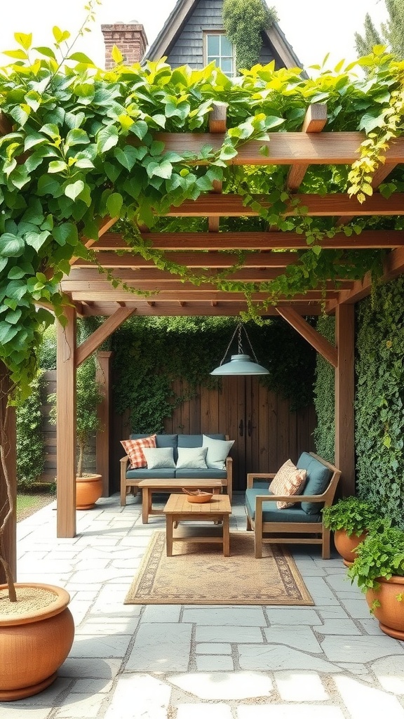 A rustic wooden pergola adorned with lush greenery, featuring comfortable seating and potted plants.