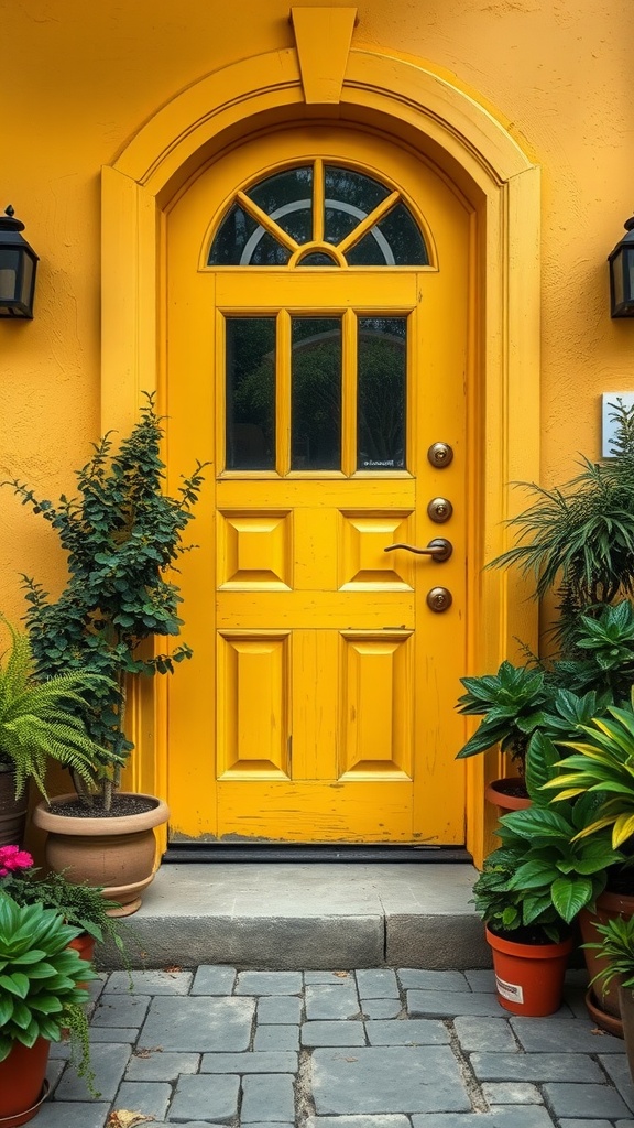 A rustic yellow front door with a rounded top, surrounded by potted plants in various sizes and colors.