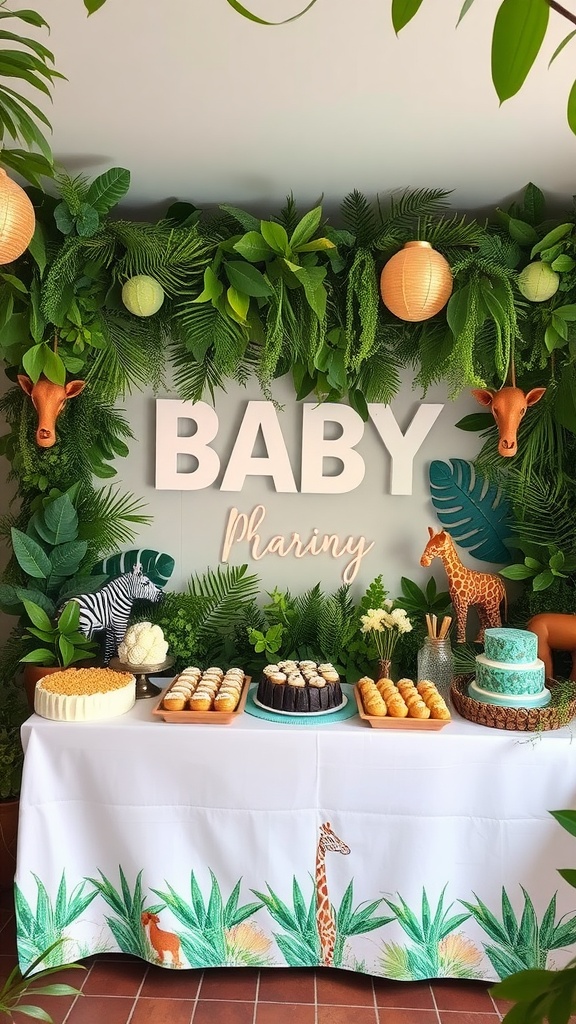 A decorated table for a baby boy baby shower with a safari adventure theme, featuring greenery, animal decorations, and various treats.