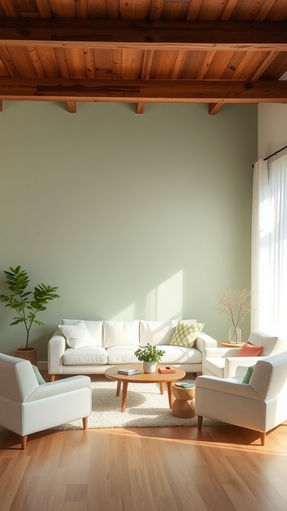 Living room featuring sage green accent wall and white furniture.