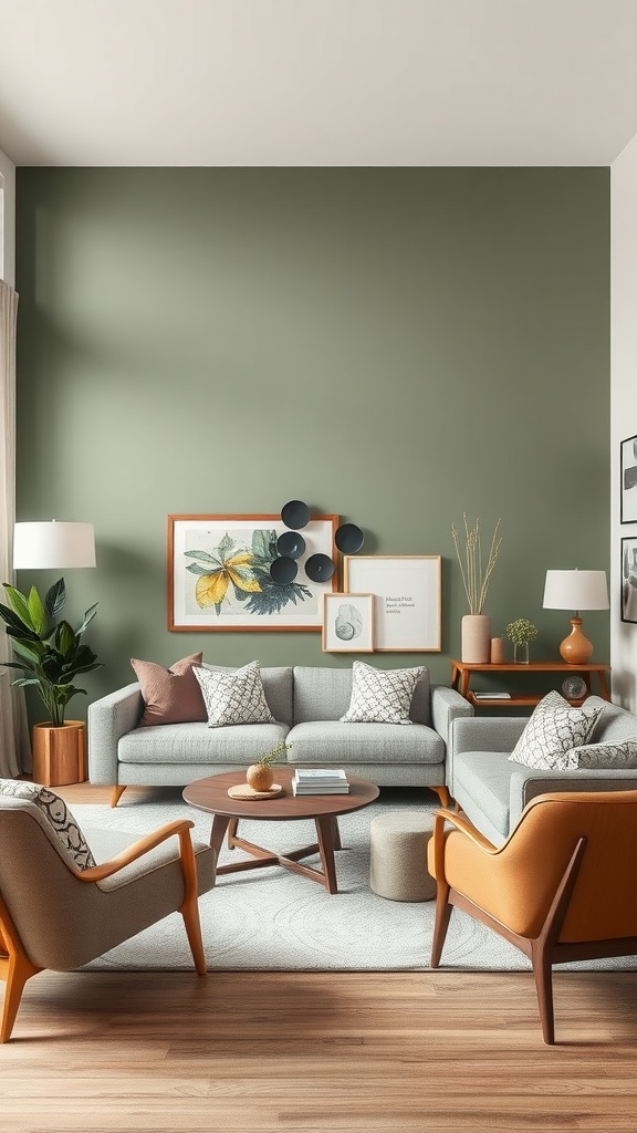 Living room with a sage green accent wall, featuring modern furniture and decorative elements.