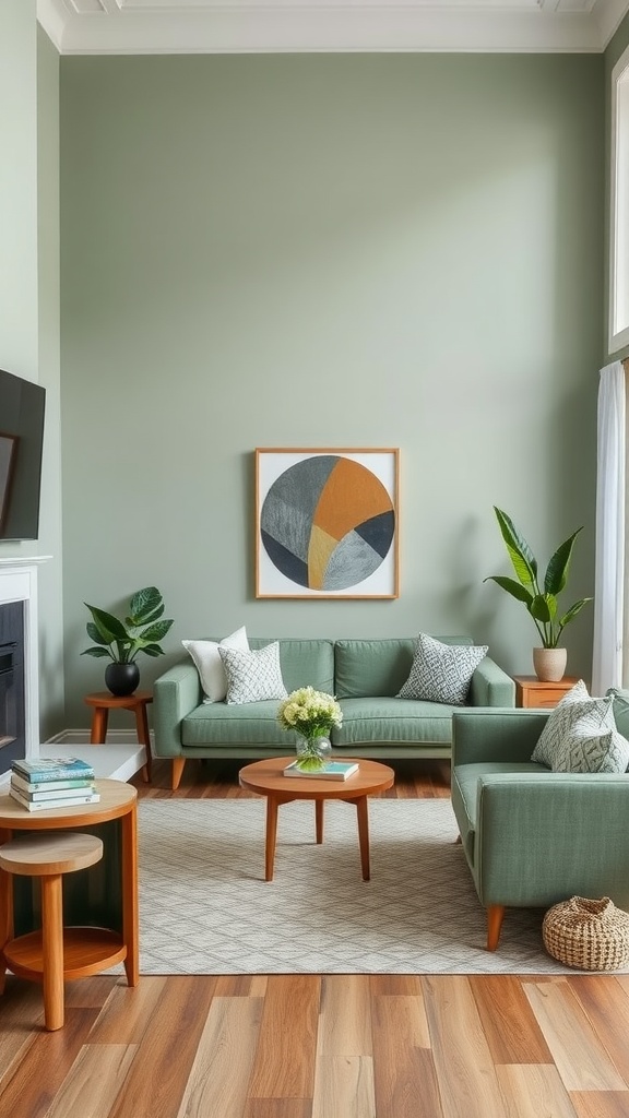 A living room featuring sage green walls, a green sofa, wooden coffee tables, and plants, creating a cozy atmosphere.