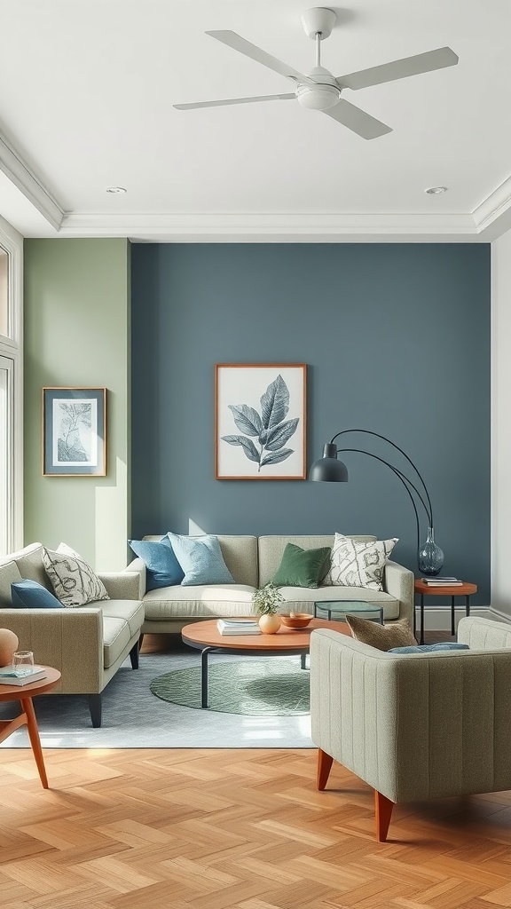 A modern living room with sage green and blue accents, featuring a light sectional sofa, wooden floors, and botanical artwork.