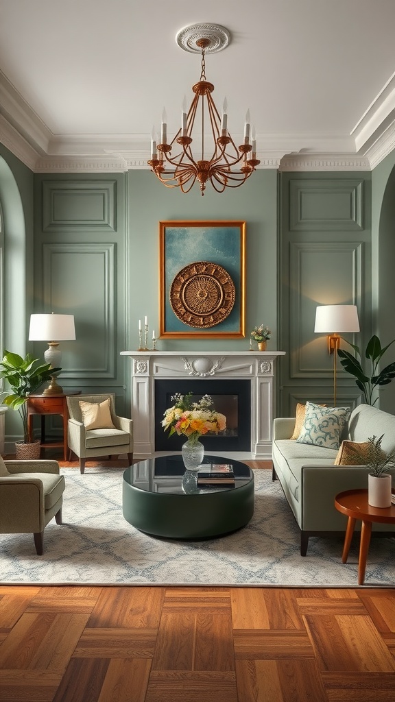 A stylish living room featuring sage green walls, gold accents, and elegant furniture.