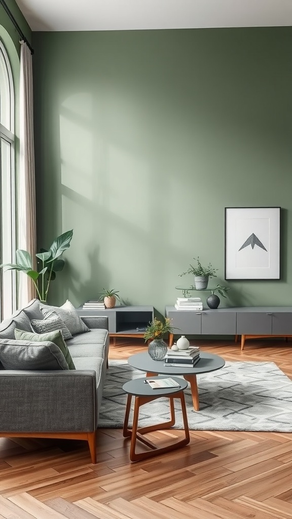 Living room with sage green walls and gray furniture, featuring wooden floors and decorative plants.