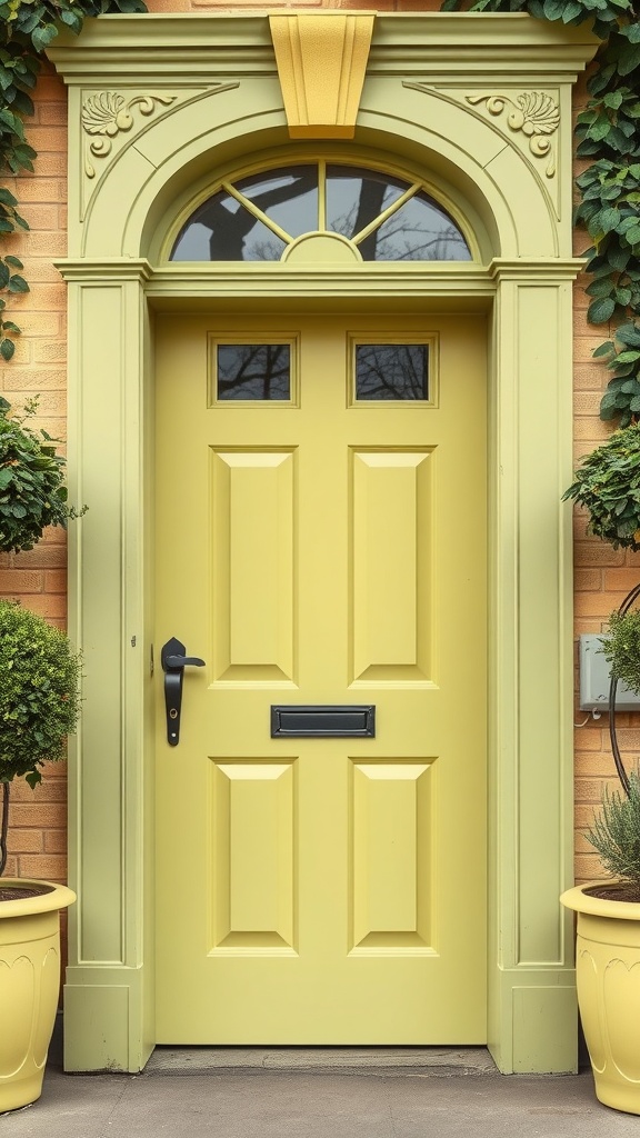 A yellow front door framed by sage green trim with decorative detailing and planters on either side.