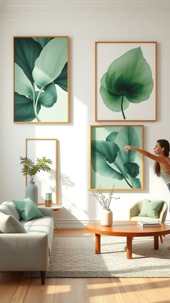 Living room with sage green artwork and cozy furniture arrangement