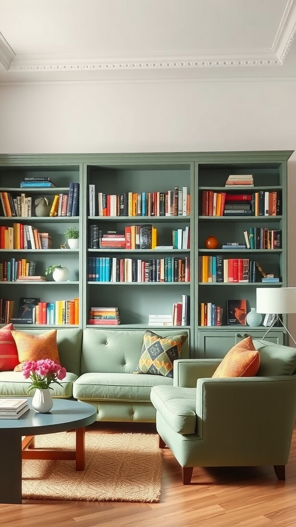 A cozy living room featuring sage green bookcases filled with books and decorative items, complemented by a soft green sofa and colorful cushions.