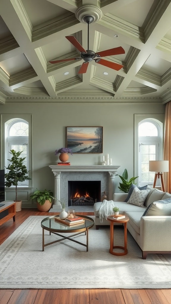 A living room featuring a coffered ceiling painted in sage green, complemented by soft furnishings and a cozy fireplace.