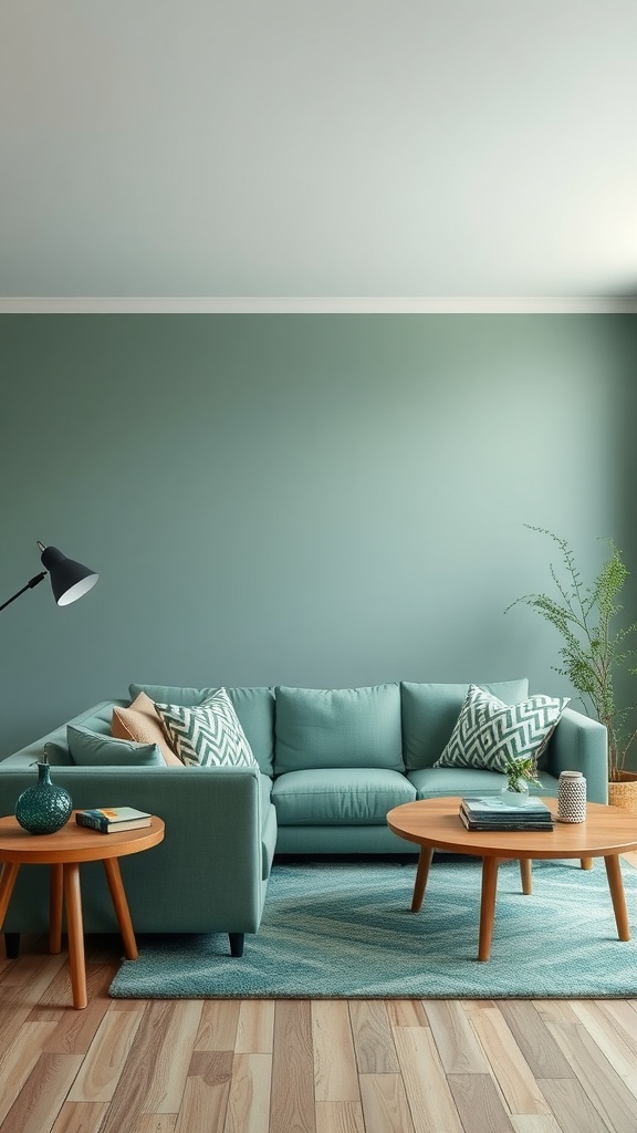 A stylish living room featuring sage green walls and furniture with wooden coffee tables.