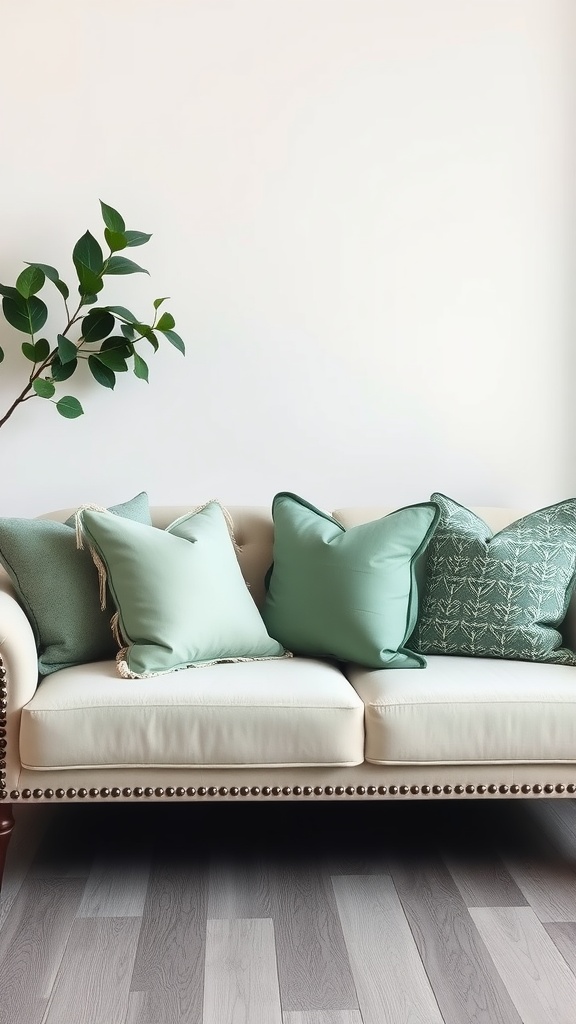 A light-colored sofa with various sage green decorative pillows