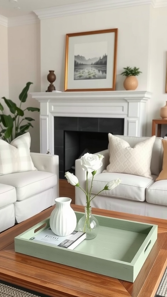 A living room with a sage green decorative tray on a wooden coffee table, featuring a vase and flowers.