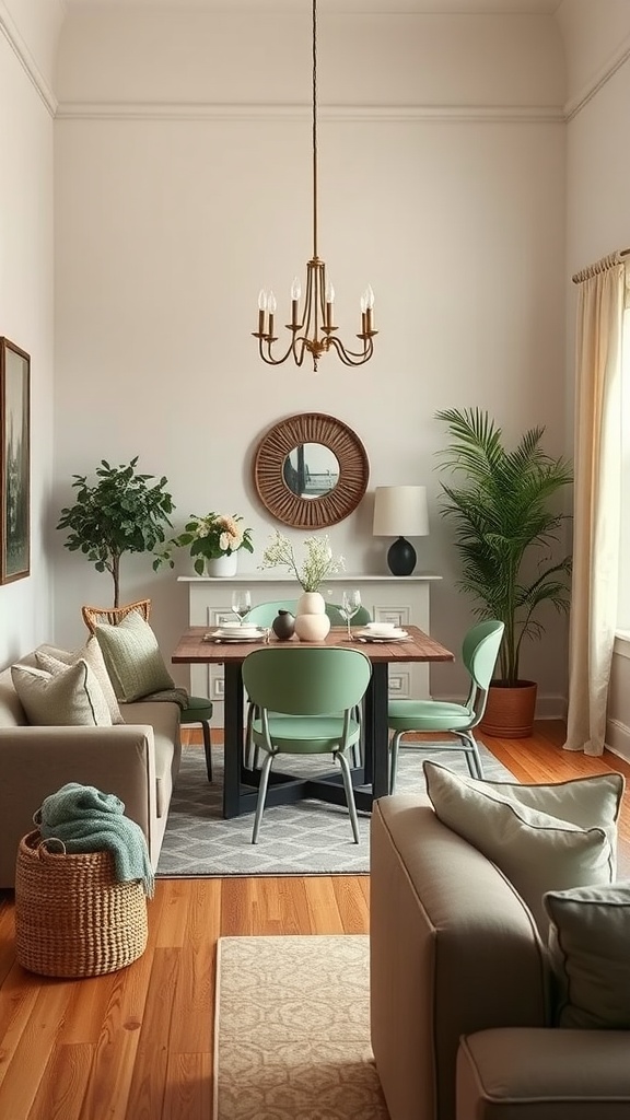 Cozy dining nook featuring sage green chairs, a wooden table, and plants in a well-lit room