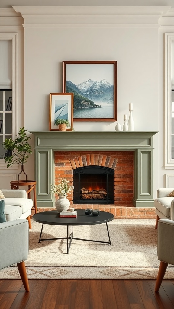 Cozy living room featuring a sage green fireplace surround with decorative elements.