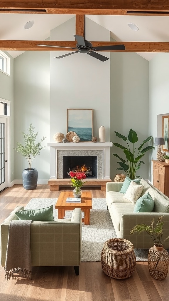 A modern farmhouse living room featuring sage green walls, wooden beams, two light sofas, a wooden coffee table, and plants.