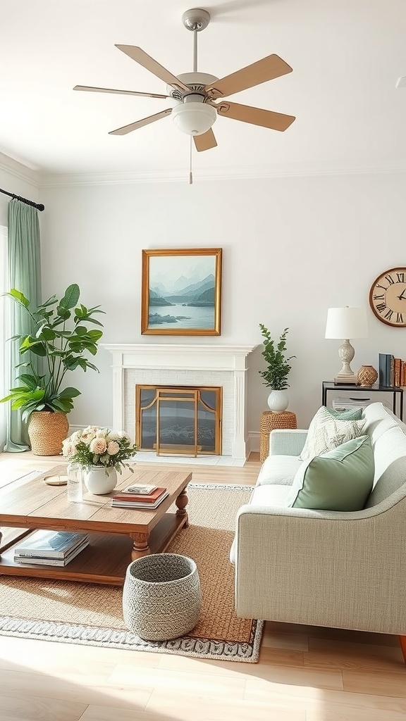 A coastal living room featuring a sage green sofa, wooden coffee table, and plants.